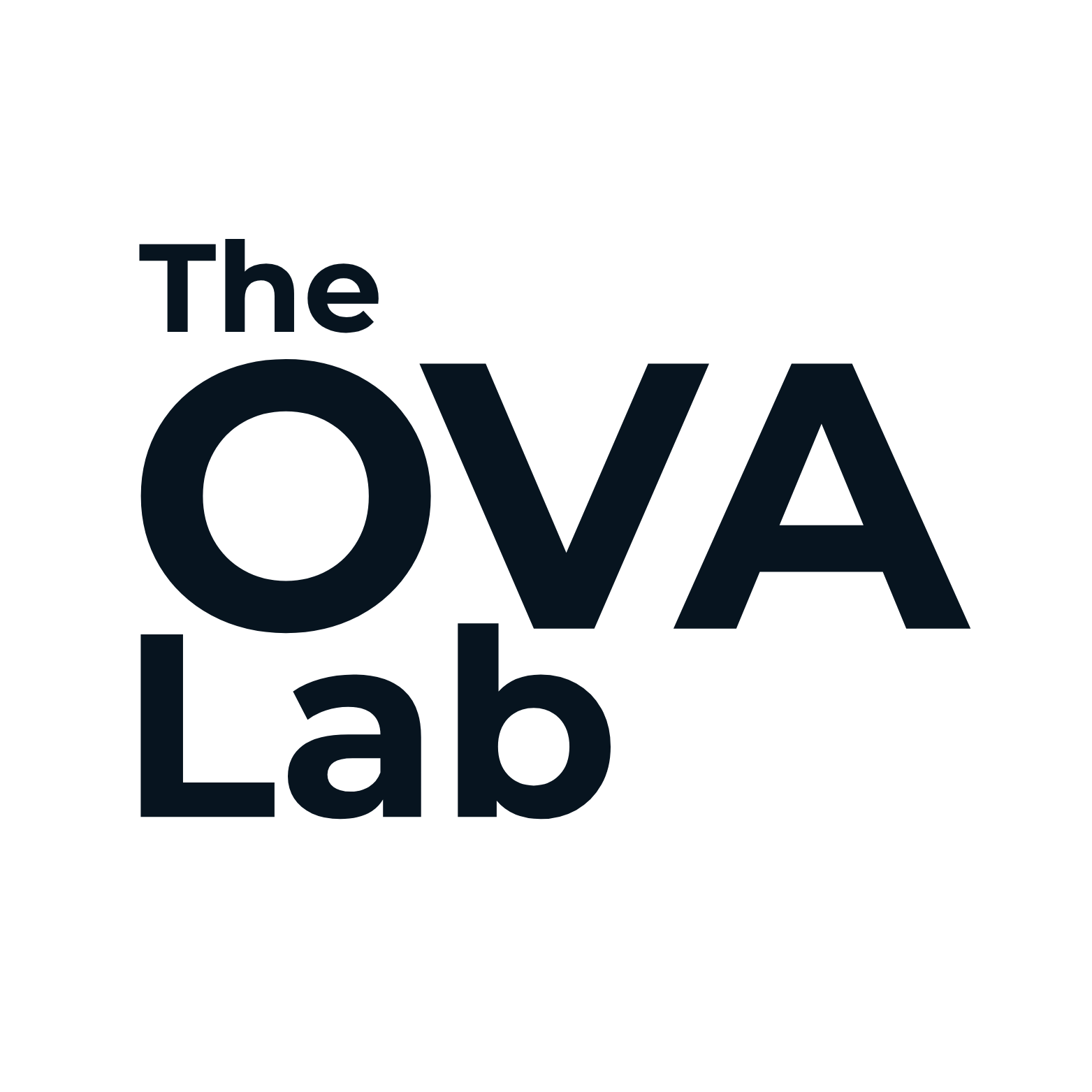 Typographic logo reading 'The OVA Lab' in dark blue on a black background.