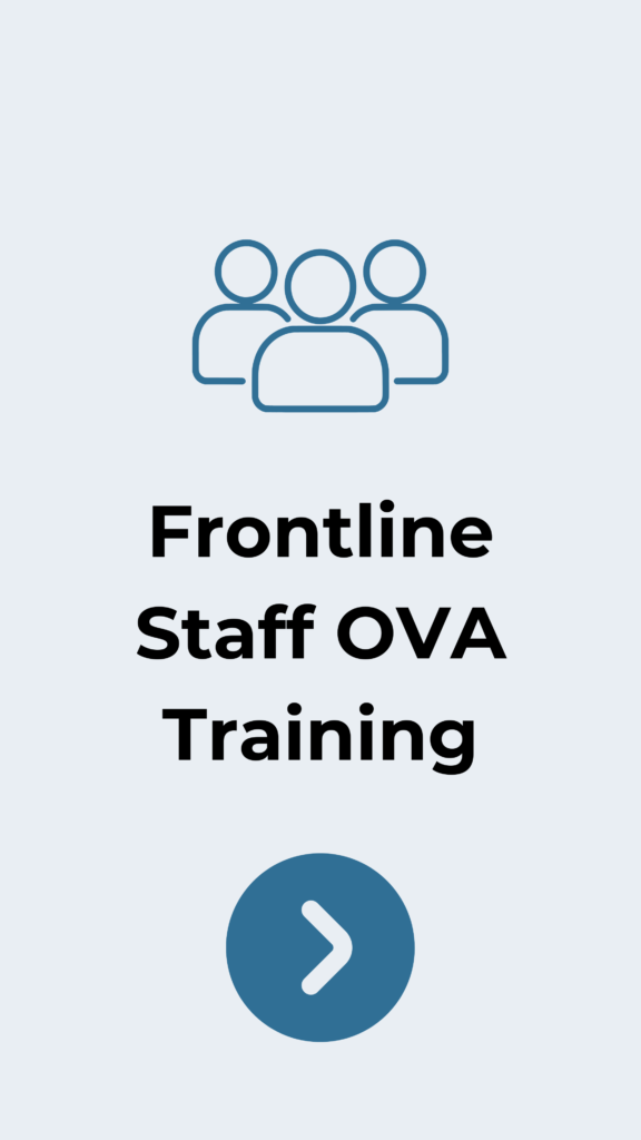 Three-person group icon above the title 'Frontline Staff OVA Training' with a blue circular Next button featuring a white arrow bottom-right of the image.
