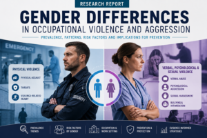 Research report cover showing gender differences in occupational violence and aggression, with a blue left side (physical violence) and purple right side (verbal/psychological violence) and a central male/female icon.