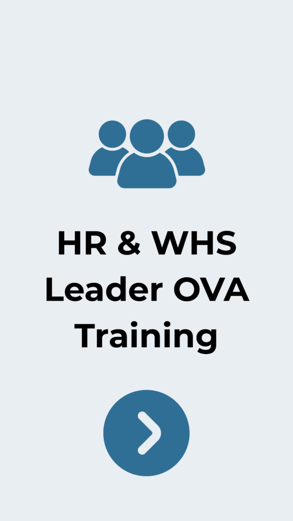 Three blue user icons above the heading 'HR & WHS Leader OVA Training' with a blue circular button showing a right arrow below.