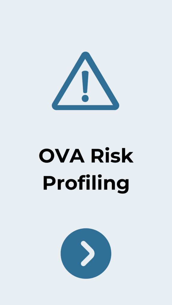 Triangle warning icon with exclamation mark and the text 'OVA Risk Profiling' below; blue safety symbol elements on a light background.