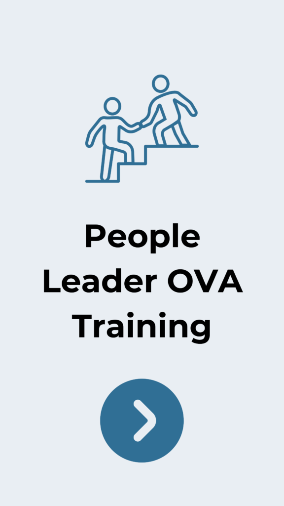 Two figures helping each other up stairs, with the words 'People Leader OVA Training' and a blue circular arrow button below.