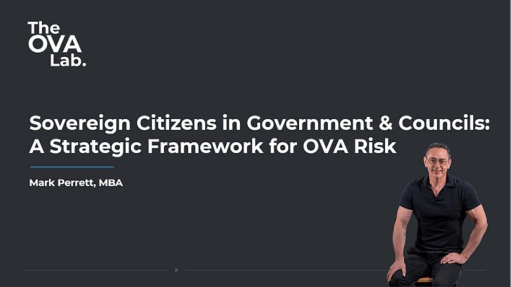 Dark banner with The OVA Lab logo and the title “Sovereign Citizens in Government & Councils: A Strategic Framework for OVA Risk”; man in a black shirt seated on the right.