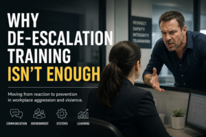 Poster-style banner: 'WHY DE-ESCALATION TRAINING ISN'T ENOUGH' with subtitle about prevention; man leaning over a desk speaking to a woman at a reception window, four icons labeled Communication, Environment, Systems, Learning beneath.